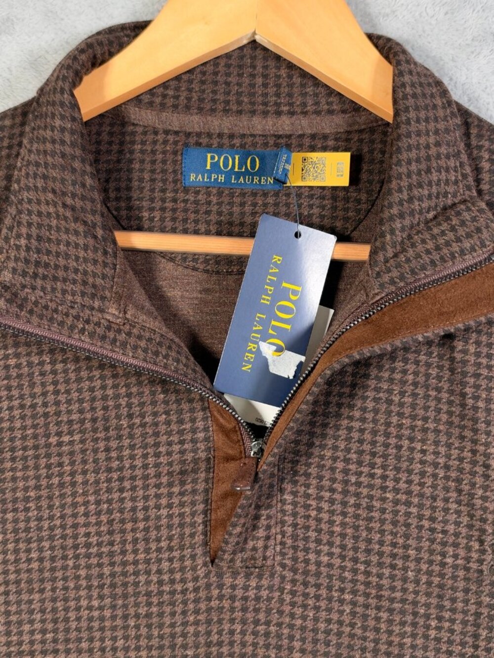 Polo Ralph Lauren Sweater Mens XL Brown Houndstooth 1/4 Zip Knit Luxury Jersey